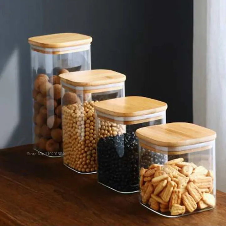 Square Mason Jar with bamboo Cover For Spices Glass Kitchen Container Glass Jars With Lids  Jar Kitchen Jars And Lids Wholesale