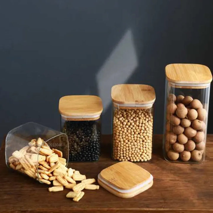 Square Mason Jar with bamboo Cover For Spices Glass Kitchen Container Glass Jars With Lids  Jar Kitchen Jars And Lids Wholesale