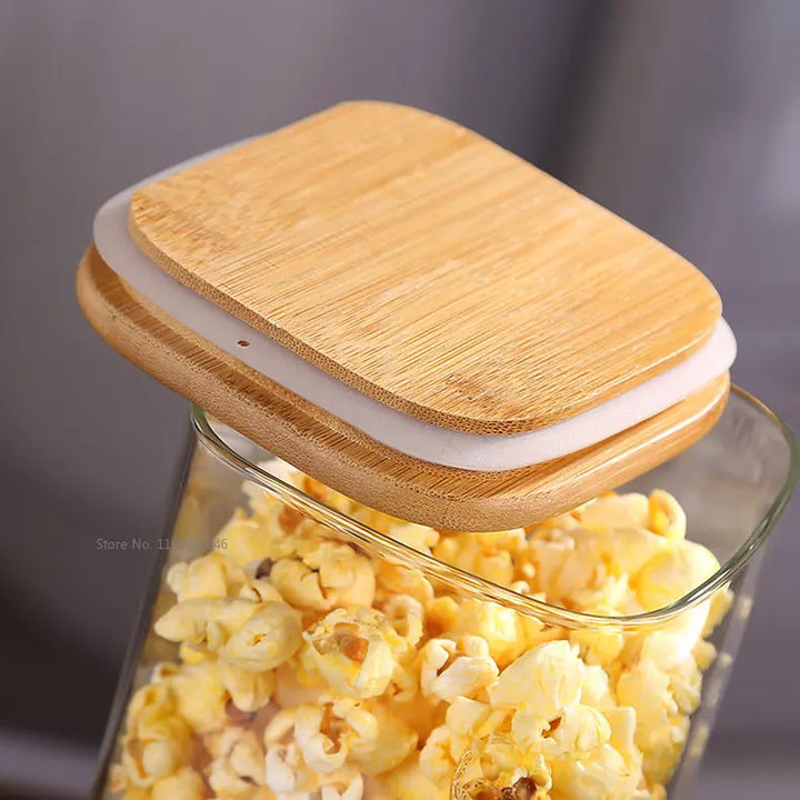 Square Mason Jar with bamboo Cover For Spices Glass Kitchen Container Glass Jars With Lids  Jar Kitchen Jars And Lids Wholesale