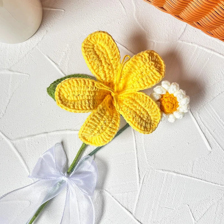 Hand-knitted Mother' Day Gift Tulip Rose Crochet Flowers Artificial Flower Bouquet Homemade Desktop Decor Birthday Wedding Gift