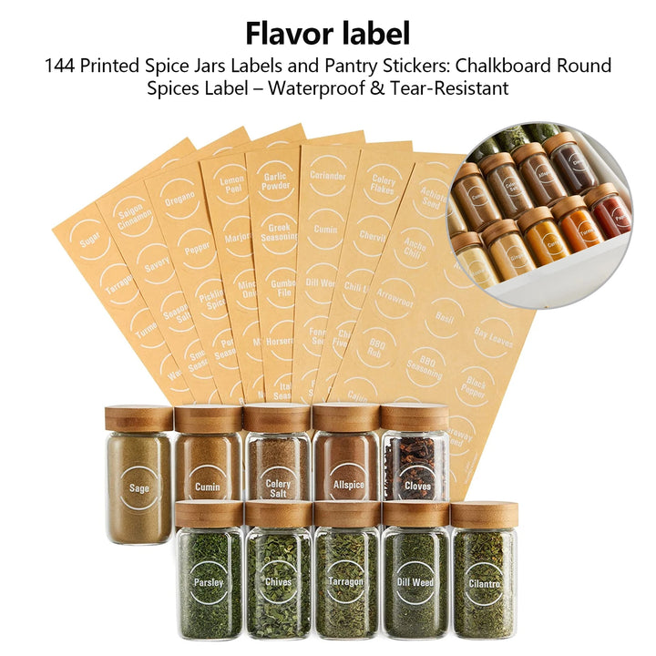 144 Printed Transparent Spice Jars BBQ Labels and Pantry Stickers Chalkboard Round Spices Waterproof Kitchen Stickers