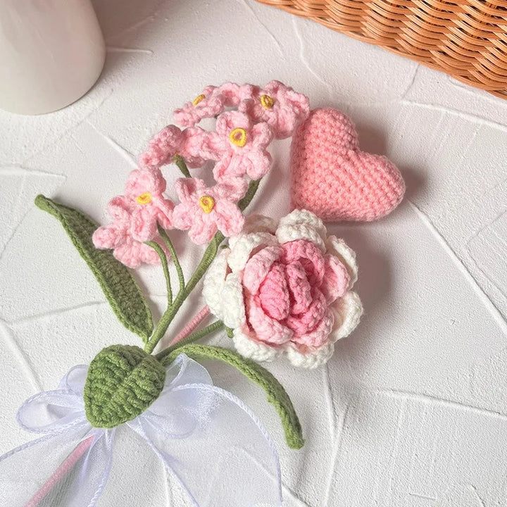 Hand-knitted Mother' Day Gift Tulip Rose Crochet Flowers Artificial Flower Bouquet Homemade Desktop Decor Birthday Wedding Gift